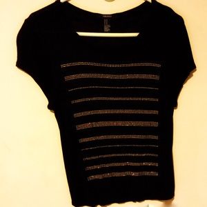 Black Tee with Gold Stones, Medium EUC